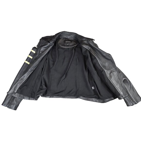 NEIMAN MARCUS L Black Yellow Stripe Butter Soft Leather Biker Moto Jacket Zip - Picture 4 of 9